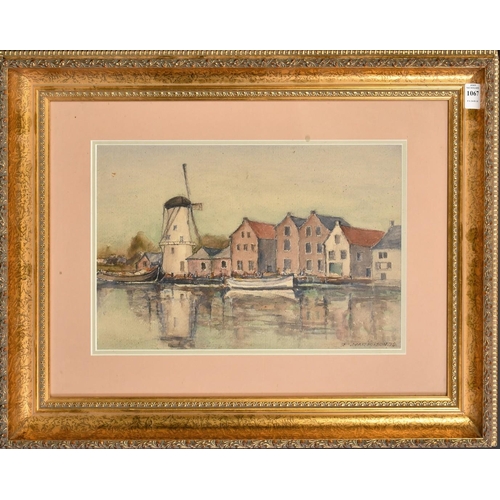 1067 - P. Harrison, Circa 1975, figures and barges by a quay with a windmill, watercolour, signed, 10