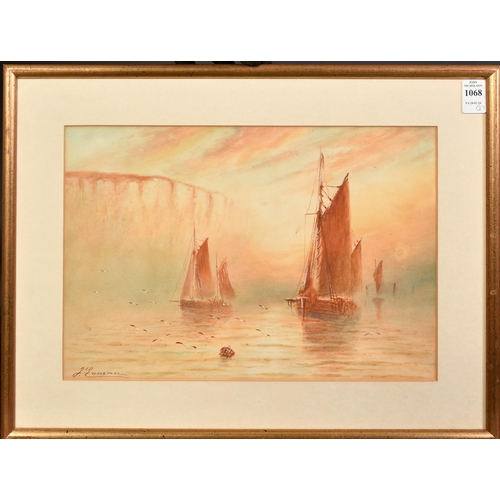 1068 - Joseph Eaman (1853-1907), a pair of watercolour scenes of boats off a rocky headland at dusk, both s... 