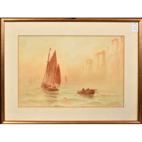 1068 - Joseph Eaman (1853-1907), a pair of watercolour scenes of boats off a rocky headland at dusk, both s... 