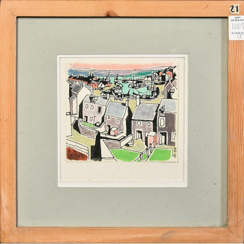 1069 - Ian Crampton Baker (1923-2010), a view of a harbour watercolour, signed with initials, 4.5