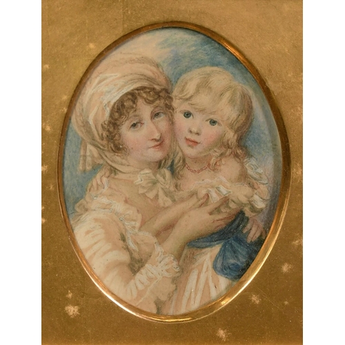 1072 - 19th Century English School, a portrait of Mrs Clements and her son Johnnie, watercolour, 3.25