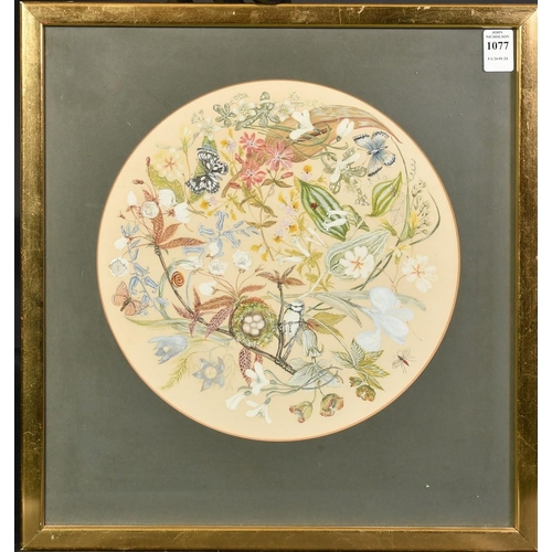 1077 - Lucy Stubbs, Circa 1974, a scene of a bird and insects within a circular garland of flowers in bloom... 