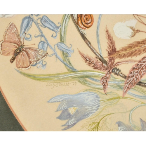 1077 - Lucy Stubbs, Circa 1974, a scene of a bird and insects within a circular garland of flowers in bloom... 