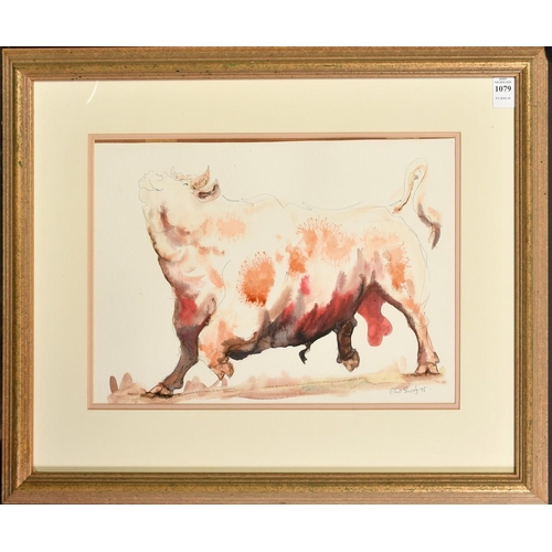 1079 - Claire Norrington (b. 1969), a study of a bull, watercolour, signed Claire Shirley, 10.5