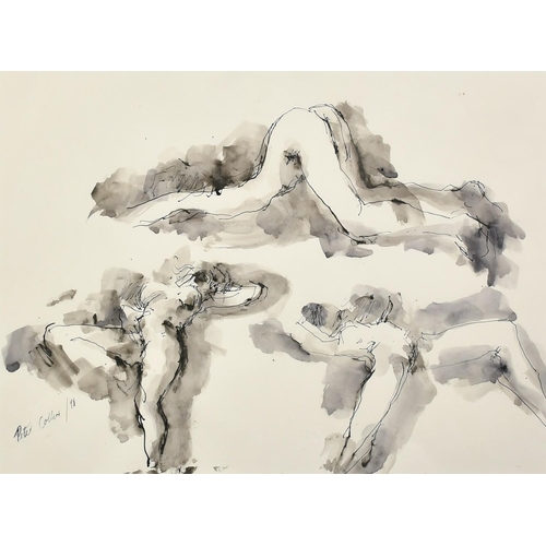 1085 - Peter Collins (b. 1935), study of a female nude in three positions, ink and watercolour, signed and ... 