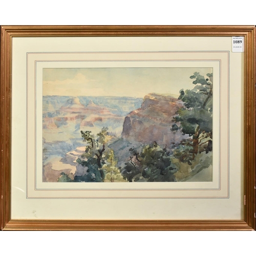 1089 - American School, Early 20th Century, a view from a cliff, watercolour, 8.25