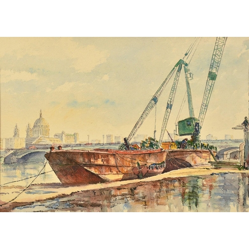 1092 - Edward Shankster (1913-1993), unloading cargo from barges on the Thames, watercolour, signed and dat... 