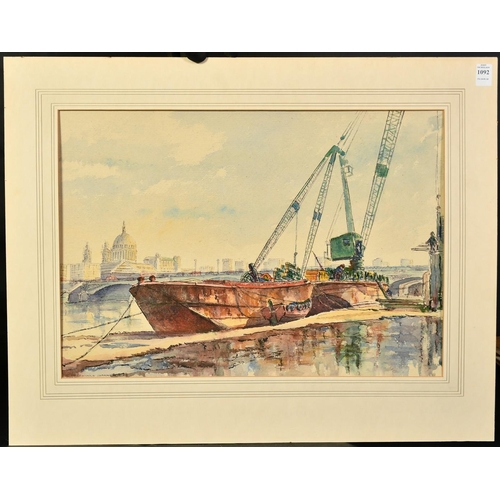 1092 - Edward Shankster (1913-1993), unloading cargo from barges on the Thames, watercolour, signed and dat... 