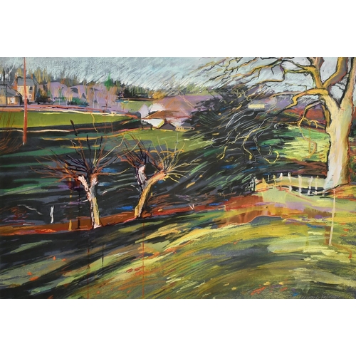 1104 - Julia Gascoigne Palmer (20/21st Century) Surrey Artist, pollarded trees in a landscape, pastel, sign... 