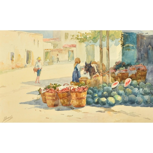 1107 - Pisani, 20th Century Italian School, figures by a fruit seller in an Italian marketplace, watercolou... 