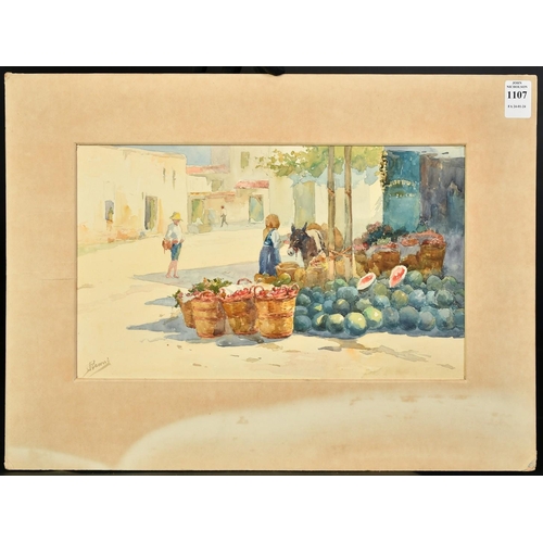 1107 - Pisani, 20th Century Italian School, figures by a fruit seller in an Italian marketplace, watercolou... 