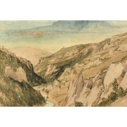 1117 - Circle of William James Muller, a landscape view through a rocky valley, watercolour, 9