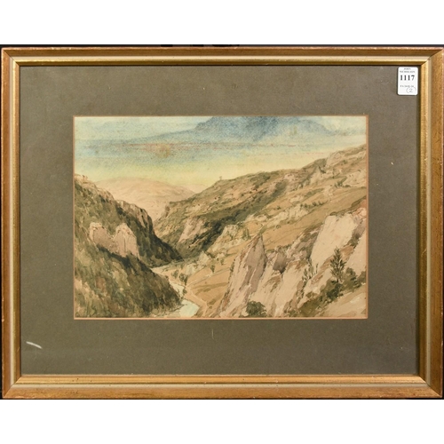 1117 - Circle of William James Muller, a landscape view through a rocky valley, watercolour, 9