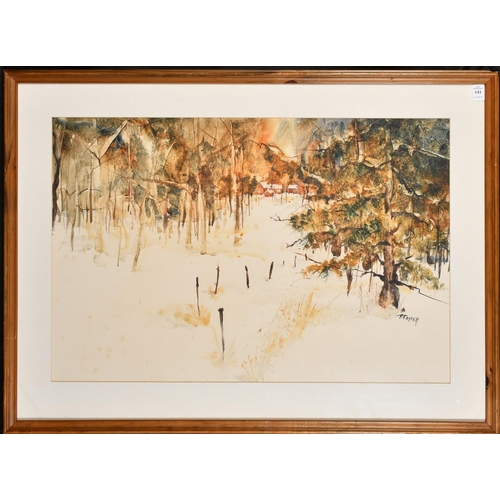 1137 - Pat Foster (20th Century) American, buildings in a snowy winter landscape, watercolour, signed, 19