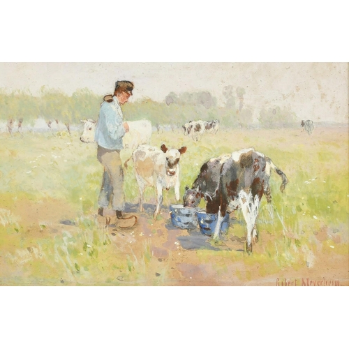 1141 - Robert Meyerheim (1847-1920), 'In Holland', a figure feeding calves, watercolour, signed, 3.5