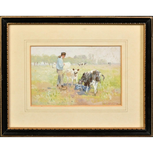 1141 - Robert Meyerheim (1847-1920), 'In Holland', a figure feeding calves, watercolour, signed, 3.5