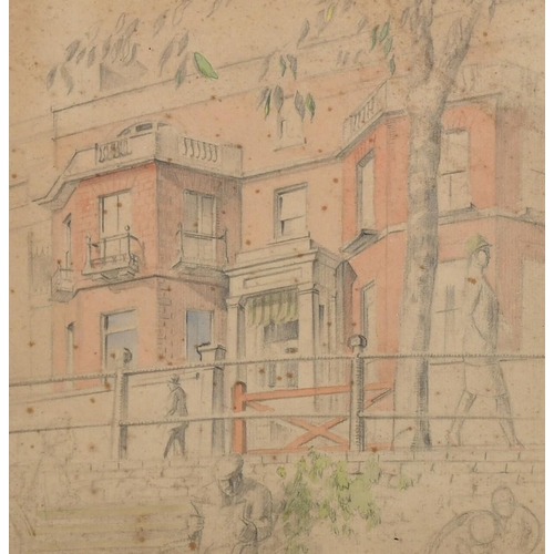 1149 - Guy Malet (1900-1973), figures outside a town house with bay windows, watercolour, 8.5