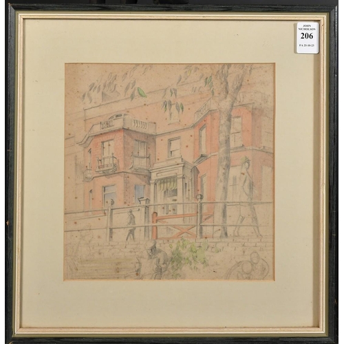 1149 - Guy Malet (1900-1973), figures outside a town house with bay windows, watercolour, 8.5