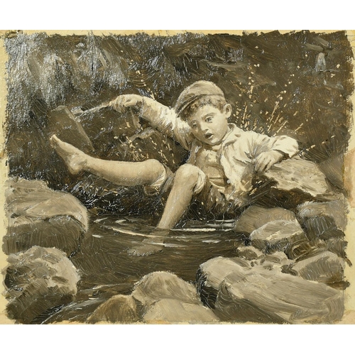 1164 - Percy Tarrant (1855-1934), 'In the Brook', a small boy falling in rocky brook, oil on board, 4.25