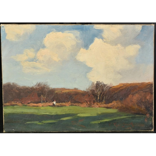 1177 - Frances Tysoe Smith (1853-1927), figure on a golf course playing a shot beside a yellow flag, oil on... 