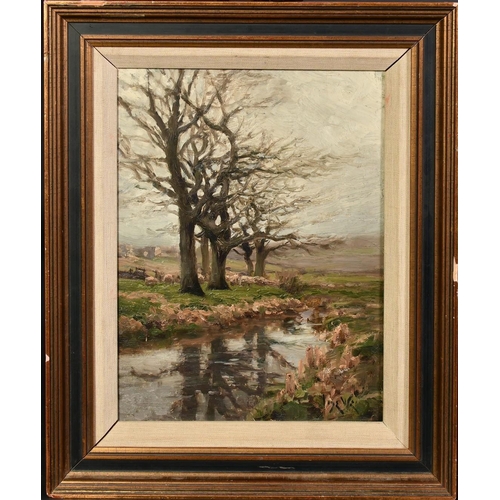 1181 - Jose Weiss (1859-1919) France, a tree lined river landscape, oil on panel, signed, 13