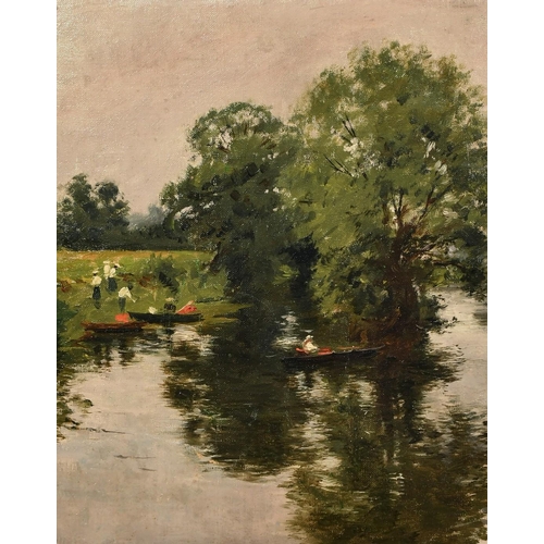 1185 - English School, Early 20th Century, elegant figures in rowing boats, oil on canvas, 13.25