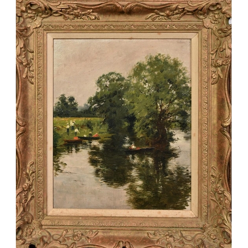 1185 - English School, Early 20th Century, elegant figures in rowing boats, oil on canvas, 13.25