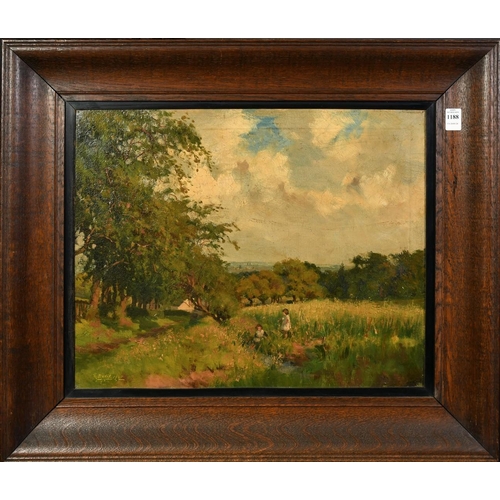 1188 - H B Davis, Circa 1925, a view of children picking wildflowers in a landscape, oil on canvas, signed,... 