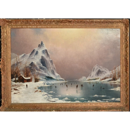 1198 - Niels Hans Christiansen (1850-1922) Danish, figures skating in a frozen fjord approaching dusk, oil ... 