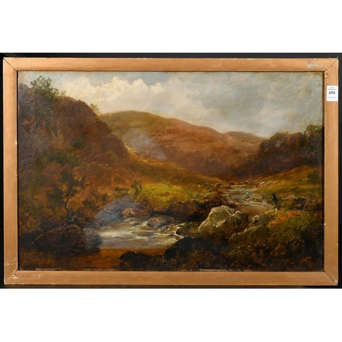 1212 - Alfred Hin(ley), (19th Century) A rocky river scene in the mountains with a figure fly fishing, oil ... 