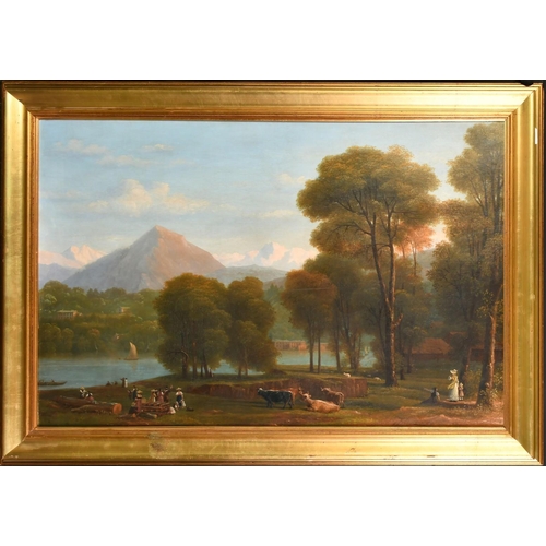 1213 - Samuel John Stump (1778-1863), figures and livestock on the banks of Lake Geneva, oil on canvas, sig... 