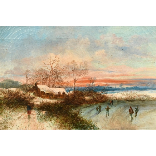 1214 - Circle of Thomas Creswick, 19th Century English School, figures skating in a frozen pond under a glo... 