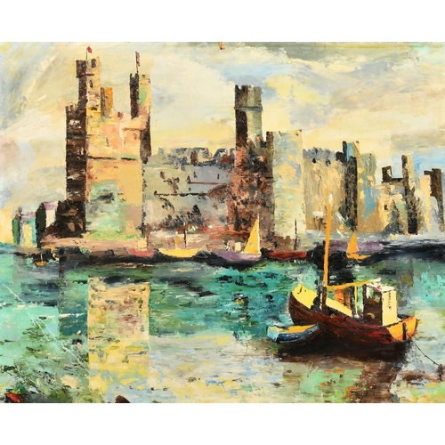 1216 - 20th Century, a view of Caernarfon Castle, oil on board, 16