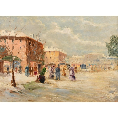 1223 - Early 20th Century Continental School, elegant figures gathered in a busy city street, oil on canvas... 