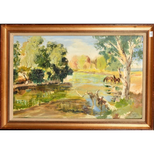 1229 - Arnold, circa 1968, Australian, 'The Hann River, Northwest Australia', horses watering by a river, o... 