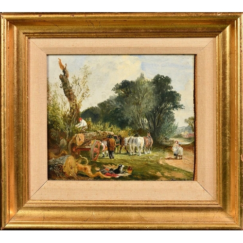 1235 - Circle of Herring, figures loading a logging cart, oil on board, 6