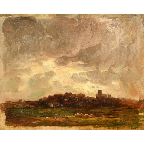 1241 - Wycliffe Egginton (1875-1951), a view of a town seen from open fields under breaking  skies, oil on ... 