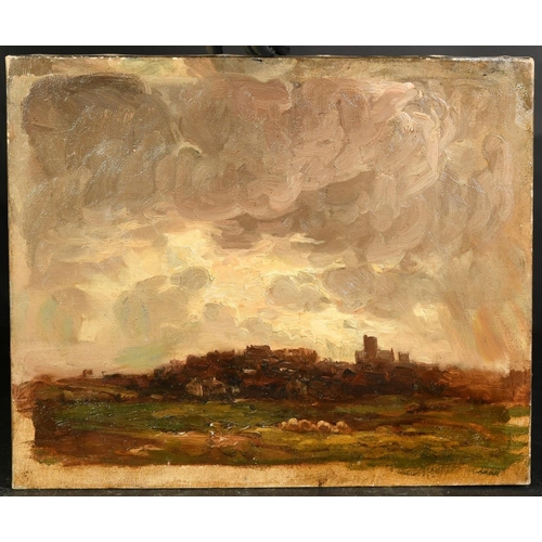 1241 - Wycliffe Egginton (1875-1951), a view of a town seen from open fields under breaking  skies, oil on ... 