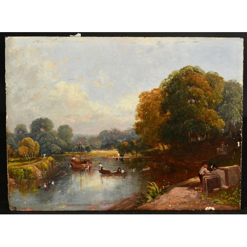 1244 - Frederick W. Watts (1800-1870), boats and figures on a river with cattle watering beyond, oil on boa... 