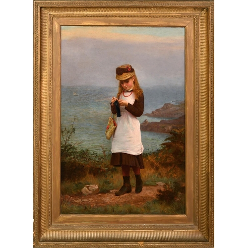 1250 - Frank Brooks (1854-1937) British, a young girl knitting on a coastal path, oil on canvas, signed and... 