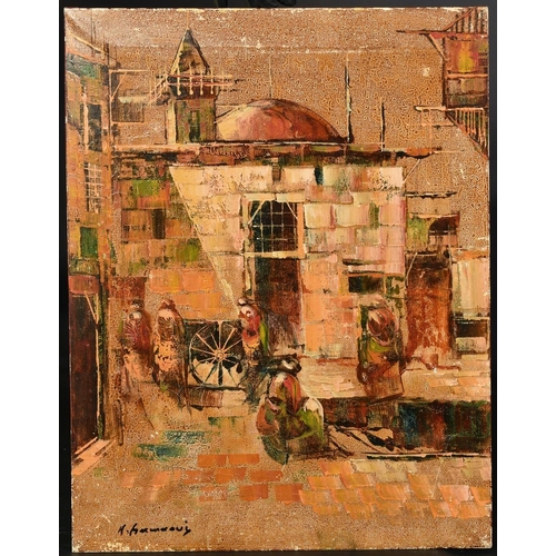 1257 - Haidar Hamaoui (1937-2013) Lebanese, figures in a busy street, oil on canvas, signed, 19.75