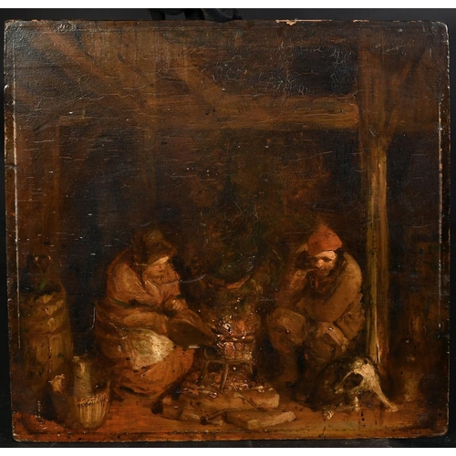 1258 - Flemish School, Probably 18th Century, figures and their dog gathered around a fire, oil on supporte... 