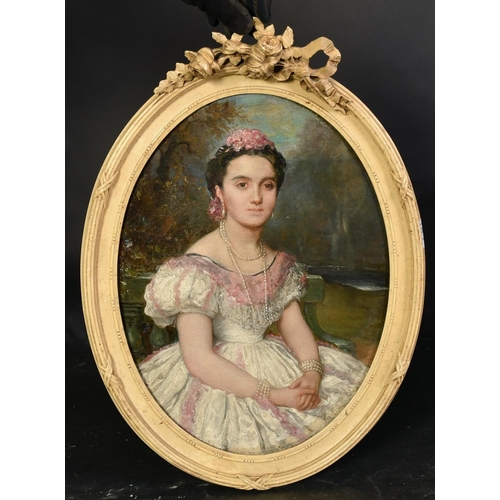 1262 - Late 19th Century French School, a portrait of a lady with pearls in a formal park, oil on canvas, 1... 