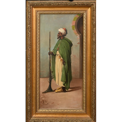 1264 - 19th Century, a Moorish warrior bearing a dagger and holding a rifle, oil on board, signed with init... 