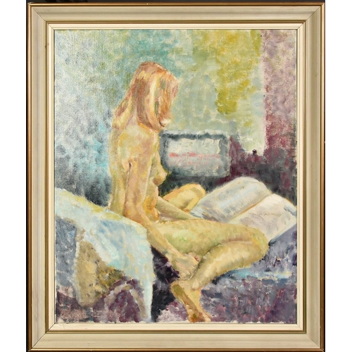 1266 - Frank Dobson (1888-1963), a seated female nude studying a book, oil on canvas, inscribed verso, 24