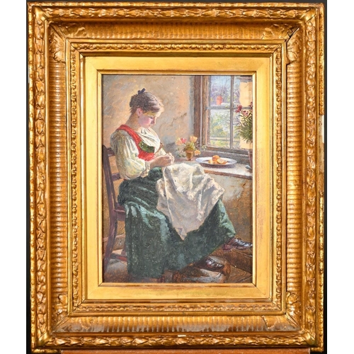 1279 - Carl Kricheldorf (1863-1934) German, a young female in traditional dress sat sewing by a window, oil... 