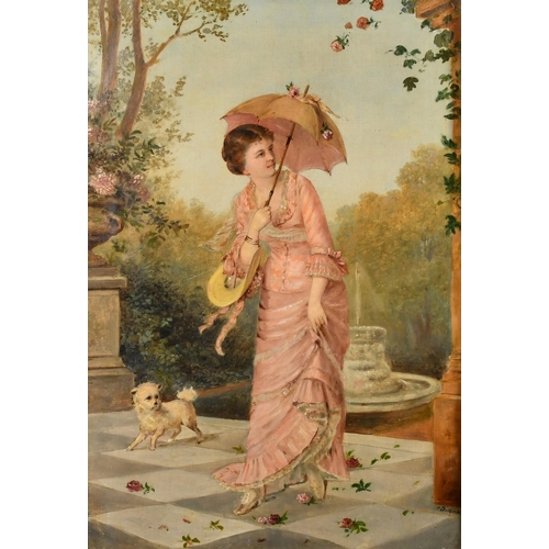 1284 - 19th Century Continental School, an elegant female figure with a parasol walking under falling roses... 