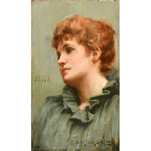 1289 - George Percy Jacomb-Hood (1857-1929), 'Netta', a head study of a female in a green top, oil on panel... 