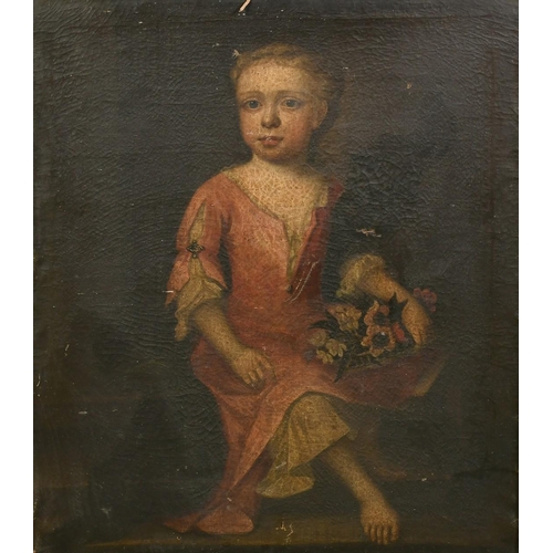 1291 - English School, Circa 1700, a portrait of a young girl holding a basket of flowers, oil on canvas, 3... 