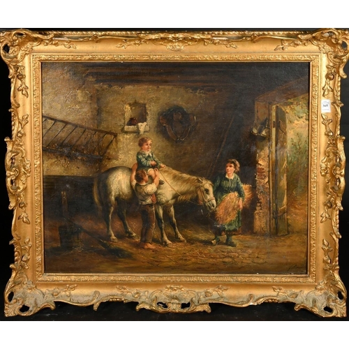 1295 - 19th Century Continental School, her first ride, a young child on a horse in stables, oil on canvas,... 